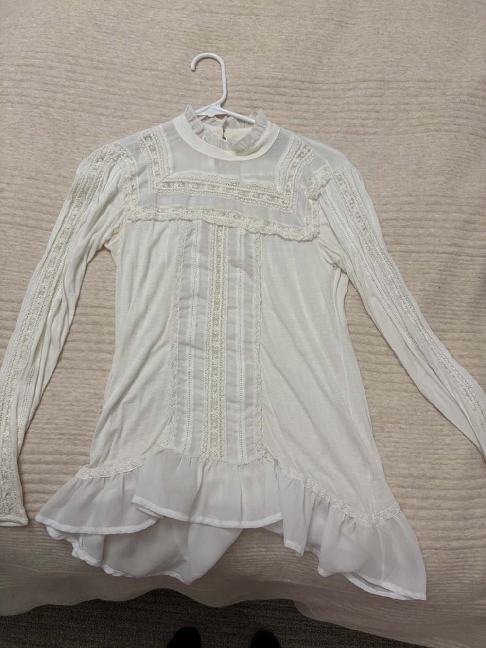 Zara Cream Lace-Trim Long Sleeve Peplum Blouse